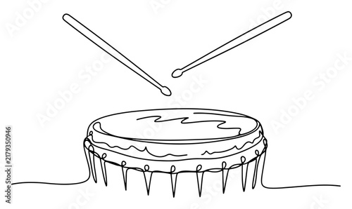 Drum musical instrument with sticks in minimalist continuous line art style