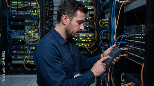 Plakat Technician configures server hardware inside a modern enterprise data center.