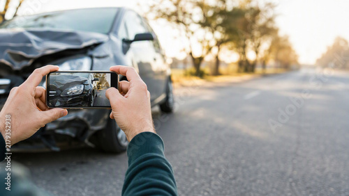 Man Taking Photo of Damaged Car After Traffic Accident for Insurance Claim