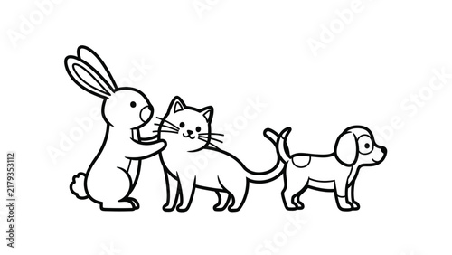 Black and white line art illustration featuring a cute rabbit, a cat, and a small dog standing together in a row, isolated on a white background for coloring book pages and icons.