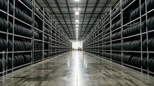 Spacious tire warehouse with extensive stacked tire shelves in industrial setting