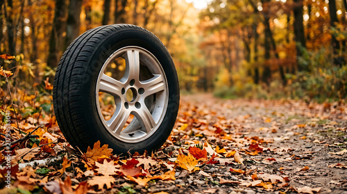 Unusual roadside scene featuring a car wheel abandoned on a leaf-covered forest trail in autumn with vivid fall foliage and a