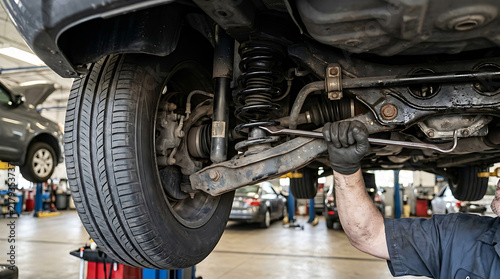 mechanic inspecting vehicle suspension system during maintenance service in auto repair shop