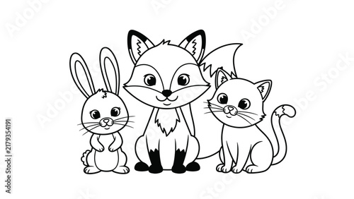 Cute black and white line art illustration featuring a cartoon fox, a small rabbit, and a kitten sitting together on a white background, designed for a children's coloring book page.