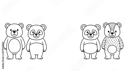 Set of four cute cartoon bears standing in pairs, featuring two pandas, a teddy bear, and a textured bear, black and white line art illustration isolated on a clean white background.