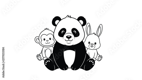 Black and white cartoon illustration featuring a cute giant panda sitting in the center with a small monkey on the left and a rabbit on the right, designed as a children coloring page.