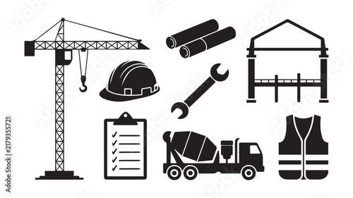 Construction Equipment and Tools Icon Set with Crane, Hard Hat, Wrench, Truck and Safety Boots Vector