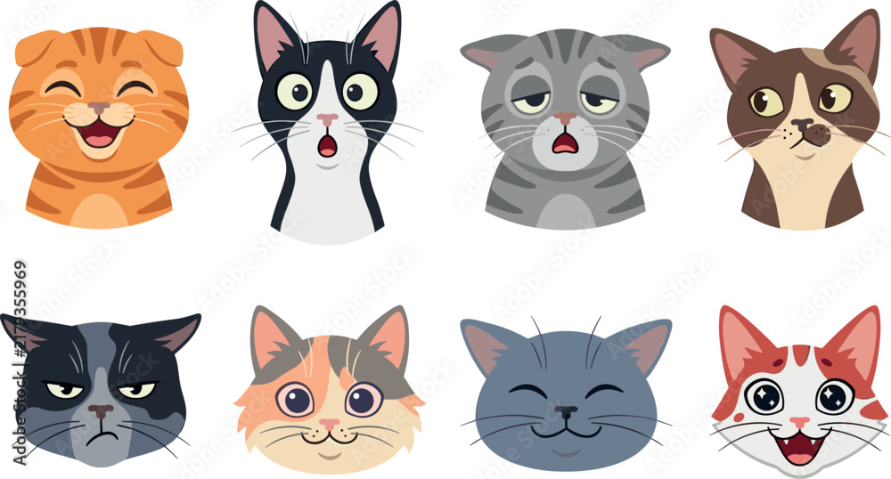 Fototapeta premium Cute Cartoon Cat Faces and Portraits Vector Set with Different Emotions, Facial Expressions, and Breeds for Kids Design, Avatars, and Stickers