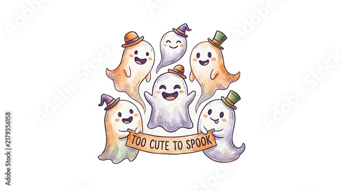Watercolor ghosts wearing hats with banner text too cute to spook isolated on transparent background