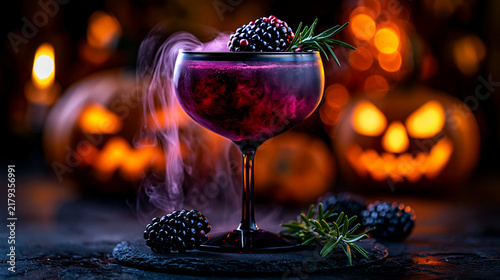Cocktail d'Halloween sombre : potion violette fumante en coupe, mûres et romarin sur table en ardoise, fond flou de citrouilles lumineuses