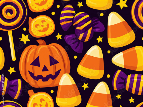 Motif répétitif de friandises d'Halloween vintage : bonbons, sucettes et biscuits en citrouille sur fond noir rétro