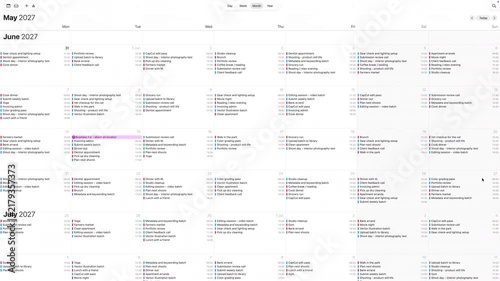 Annual schedule calendar screen displaying organized timetable with work deadlines. Digital planner interface showing full year project management system. Modern business software interface