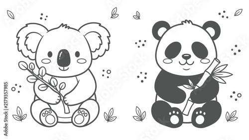 Vector line art illustration of a cute sitting koala holding eucalyptus leaves and a cute sitting panda holding bamboo, coloring book page design for kids on white background.