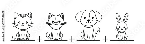 Minimalist black and white line art vector illustration of four cute domestic pets: two kittens, a puppy, and a bunny rabbit separated by plus signs on a clean white background.
