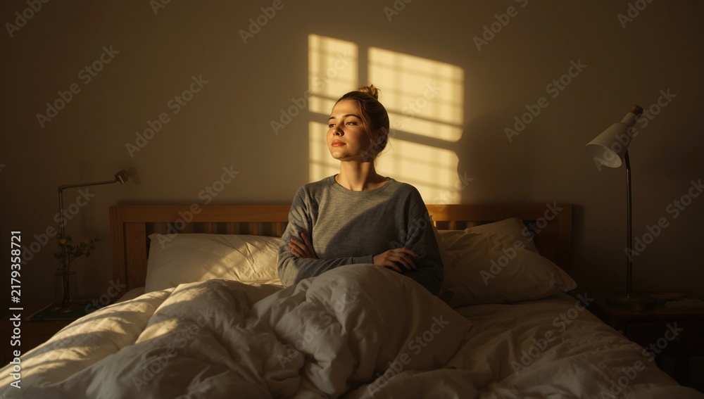 Fototapeta premium A contemplative woman sitting on a bed wrapped in blankets, bathed in soft morning light