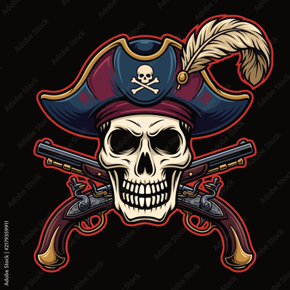 Fototapeta premium This striking illustration features a pirate skull wearing a hat adorned with a feather, crossed with two vintage pistols, embodying the adventurous spirit of piracy.