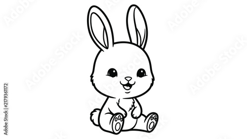 Cute baby rabbit sitting on white background coloring page line art for children activity book with long ears and happy expression vector illustration isolated black and white drawing.
