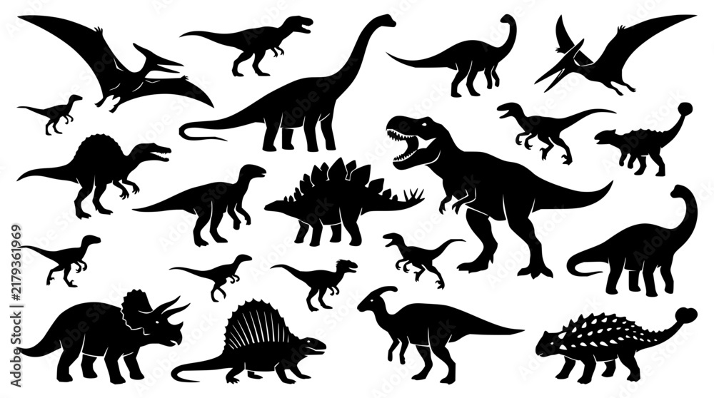 Obraz premium Dinosaur set with silhouettes featuring Tyrannosaurus, Brachiosaurus, Triceratops with Pterodactyl and Velociraptor