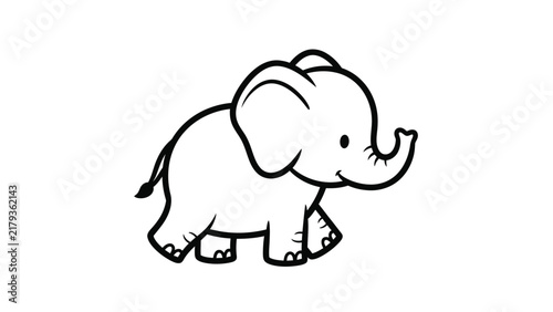 Minimalist black and white line art illustration of a cute baby elephant with large ears and trunk raised, cartoon style animal outline drawing isolated on a plain white background.