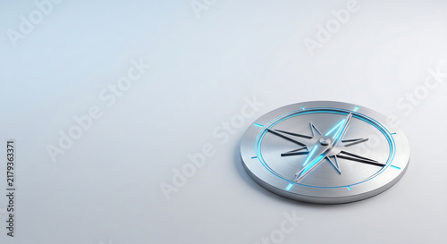 Futuristic silver compass with glowing blue light, metallic navigation tool for business strategy, modern directional icon on white background
