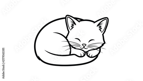 Black and white line art illustration of a cute kitten sleeping curled up in a ball with eyes closed and paws tucked in, minimalist cartoon style on a plain white background.
