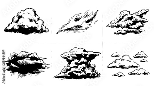 Cloud set with hand-drawn sketches featuring fluffy forms, wispy shapes, cumulus clouds with shading and texture