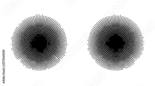Circular halftone patterns set with concentric circles featuring dots, radial design, monochrome, black and white with texture and abstraction