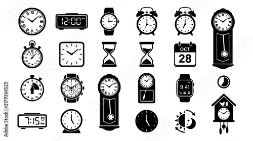Clock set with various timekeeping devices featuring digital clock, grandfather clock, hourglass, cuckoo clock with wristwatch and alarm clock with stopwatch and sundial