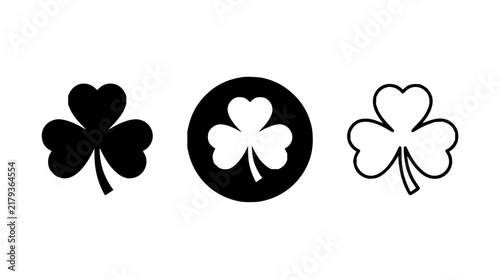 Clover set with isolated silhouettes featuring three-leaf clover, circular emblem, and simple leaf with outline and flat design
