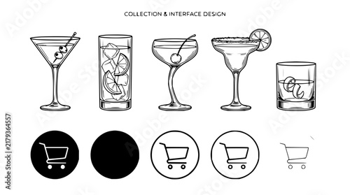 Cocktail set with martini, margarita, highball glasses featuring ice cubes, lemon slice, olive with line art and black and white variations