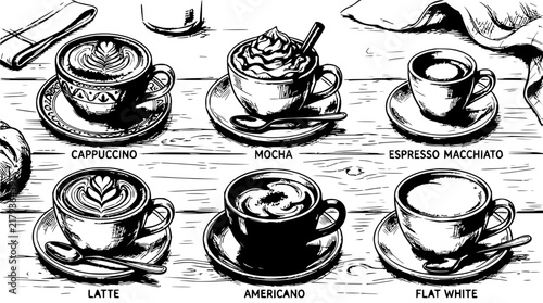 Coffee set with various coffee drinks featuring cappuccino, mocha, espresso macchiato with latte and americano