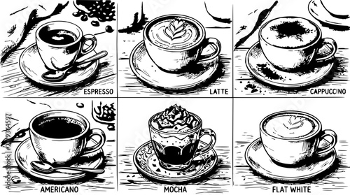 Coffee set with various types featuring espresso, latte, cappuccino with mocha and flat white