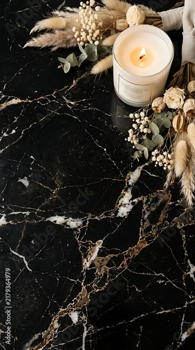 Luxury black and gold marble background with burning candle and dried flower bouquet. Elegant dark aesthetic template with copy space for wedding, spa and premium brand design.