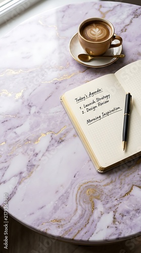 Luxury lilac and gold marble background with coffee cup, open notebook, pen and agenda. Minimal aesthetic workspace template with copy space for business, blogger and morning routine design.