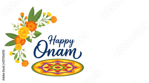 Happy Onam festival greeting card design featuring traditional flower arrangement and art