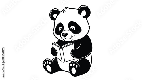 Cute cartoon panda bear sitting and reading an open book, black and white vector illustration for kids education and coloring book isolated on white background.