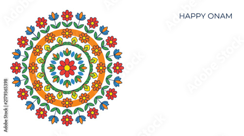 Happy Onam festival greeting card featuring a colorful floral mandala design vector illustration