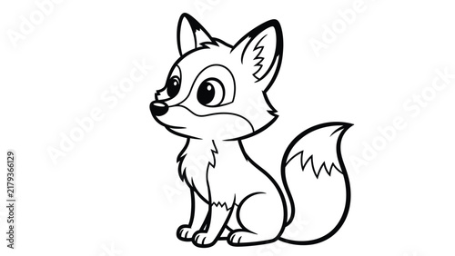Black and white line art illustration of a cute baby fox sitting down, featuring large expressive eyes and a bushy tail, designed as a cartoon character coloring page for kids.