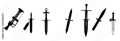 Crossbows and daggers set with minimalist design featuring weaponry, sharp lines, black and white with symmetry and flat vector