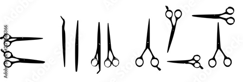 Hairdressing scissors set with symmetrical grid featuring tools, grooming, salon, metallic sheen with grayscale and flat vector