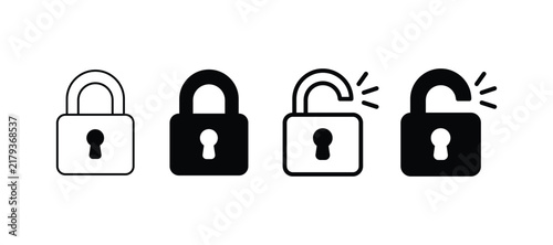 Set of four padlock icons, including locked and unlocked variations in both outline and solid styles, representing security, privacy, and protection concepts
