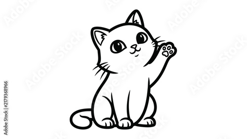 Minimalist black and white line art of a cute kitten sitting and waving its front paw. Detailed cartoon illustration of a friendly small cat with large eyes for coloring book pages.