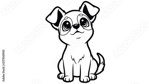 A cute cartoon puppy sitting down, black and white line art illustration for coloring book page, featuring large expressive eyes and small ears on a plain white background.