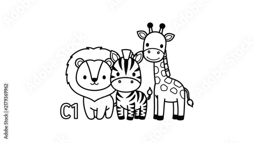 Hand-drawn black and white vector illustration of cute baby safari animals featuring a lion, zebra, and giraffe standing together, perfect for kids coloring book pages.
