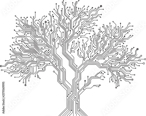 Circuit board tree silhouette with black lines on transparent grid background for ecology concept.