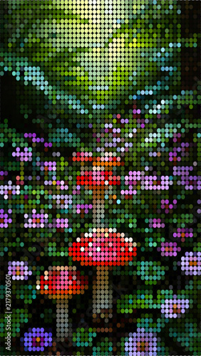 Colorful pixel art tree with glowing red lanterns in night setting