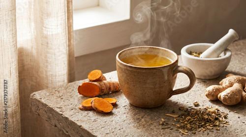 Hot turmeric tea with fresh root and ginger on rustic stone table by window