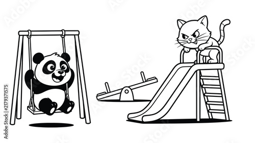 Coloring page illustration featuring a happy cartoon panda sitting on a playground swing and a grumpy cat perched at the top of a slide with a seesaw in the background.
