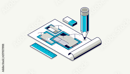 Engineer at work concept, engineering job, paper document blueprint engineering vector 3D isometric illustration, abstract draft drawing, cad technical plan.