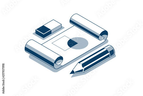 Engineering project concept, paper document blueprint with pencil engineer work job vector 3D isometric illustration, abstract plan drawing, cad scheme icon line art style.